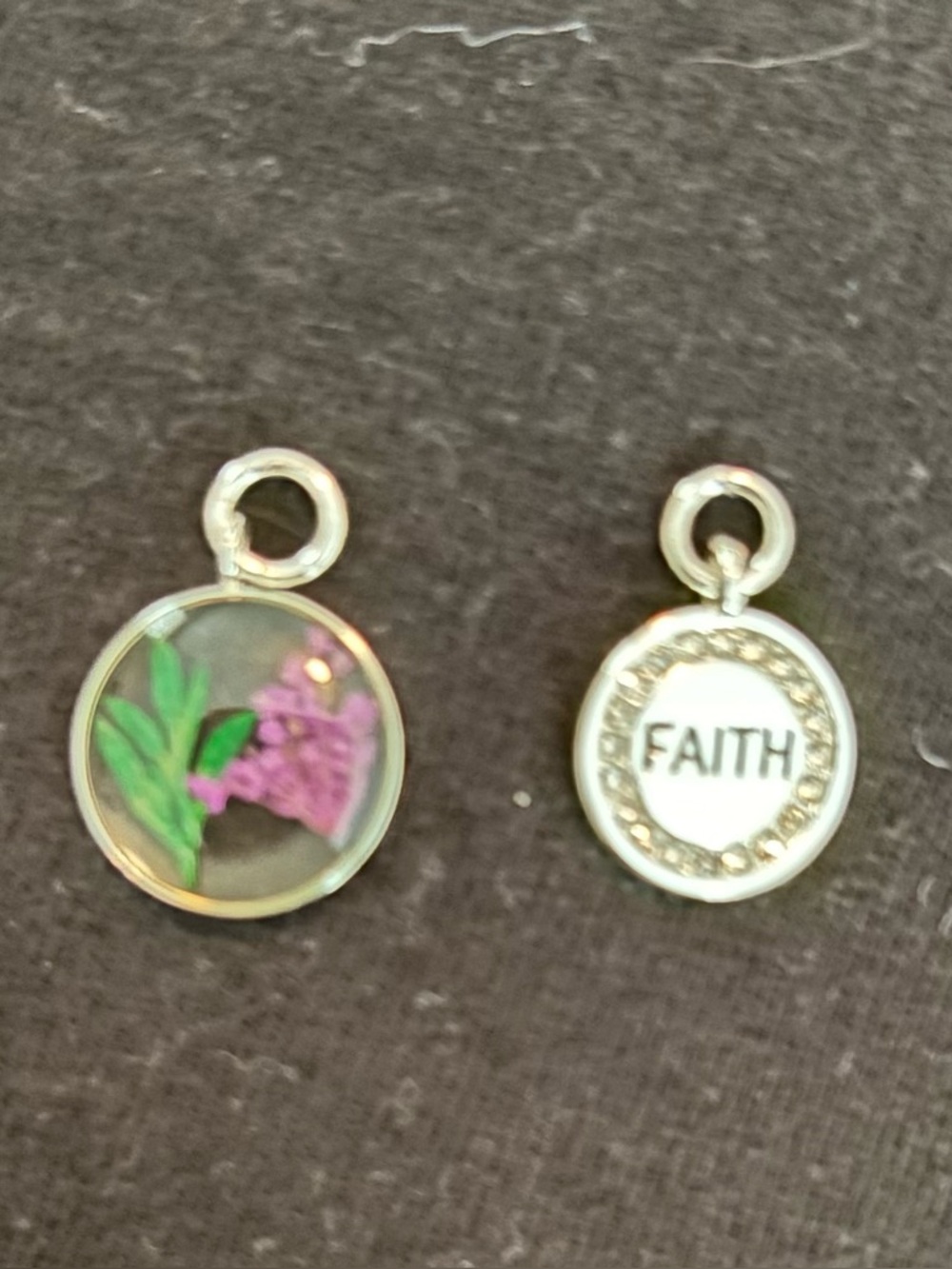 Silver 'Faith' Round Charm and Floral Disc Bracelet Charms - Purple & Green